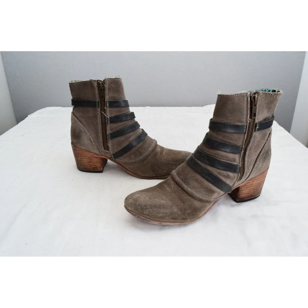 Freebird by Steven Wesson Ankle Boots 8 Brown Suede Multi Buckle Moto